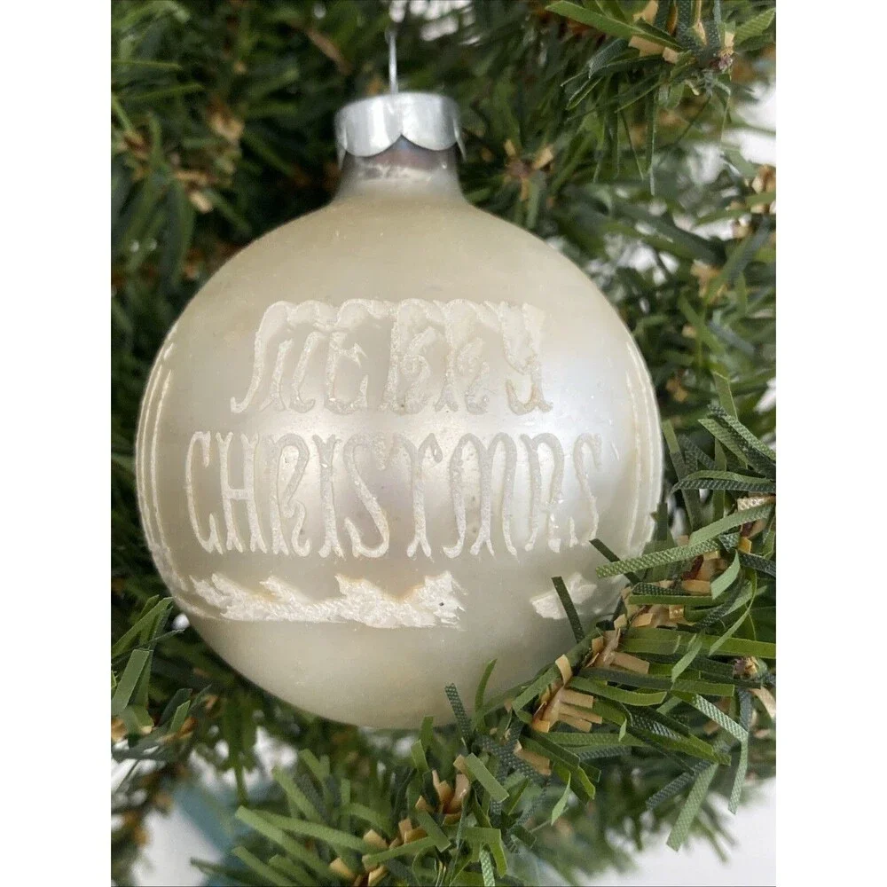 Vintage White Made USA MERRY CHRISTMAS Mica Stenciled Ball Ornament Holiday